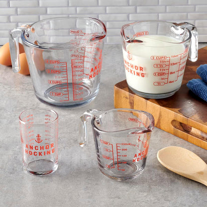 Anchor Hocking Glass Measuring Cups, 4 Piece Set (5 Ounce, 1 Cup, 2 Cup, 4 Cup liquid measuring cups) - CookCave