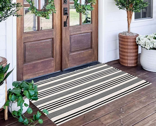 Black and White Striped Rug 24'' x 51''Outdoor Front Porch Rug Hand-Woven Machine Washable Indoor/Outdoor Layered Door Mats for Entryway/Bedroom/Outdoor - CookCave