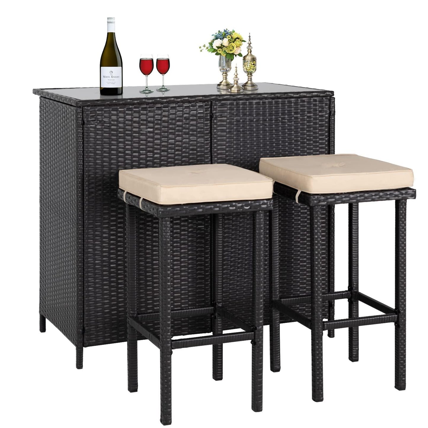 Crownland 3-Piece Wicker Patio Outdoor Bar Set, 2 Stools and 1 Glass Top Table, Bistro Set, Brown Furniture for Deck, Lawn, Backyard - CookCave