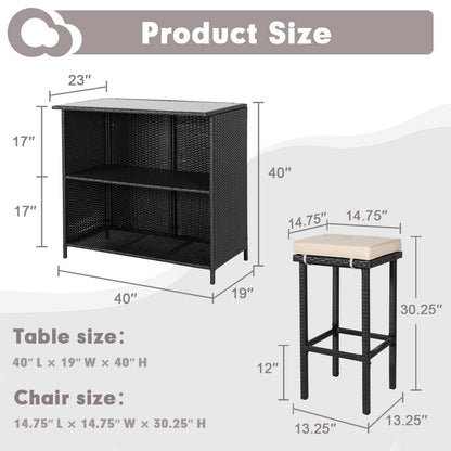 Crownland 3-Piece Wicker Patio Outdoor Bar Set, 2 Stools and 1 Glass Top Table, Bistro Set, Brown Furniture for Deck, Lawn, Backyard - CookCave