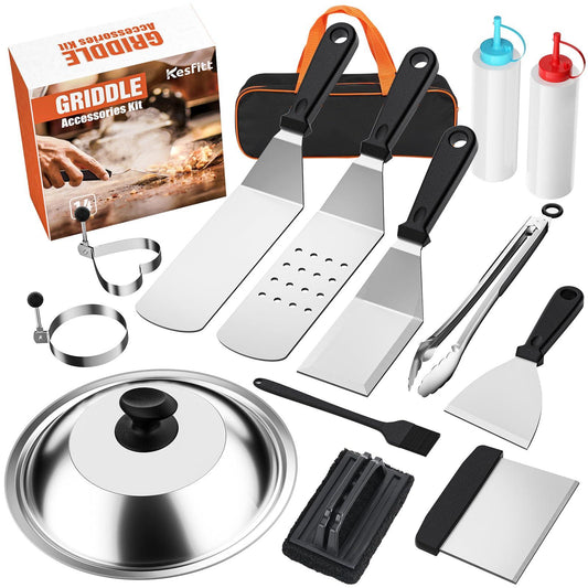 Blackstone Griddle Accessories Kit,14pcs Flat Top Grill Accessories Set for Blackstone and Camp Chef, Enlarged Spatulas, Basting Cover, Scraper, Tongs, Grill Spatula Kit for Outdoor BBQ - CookCave