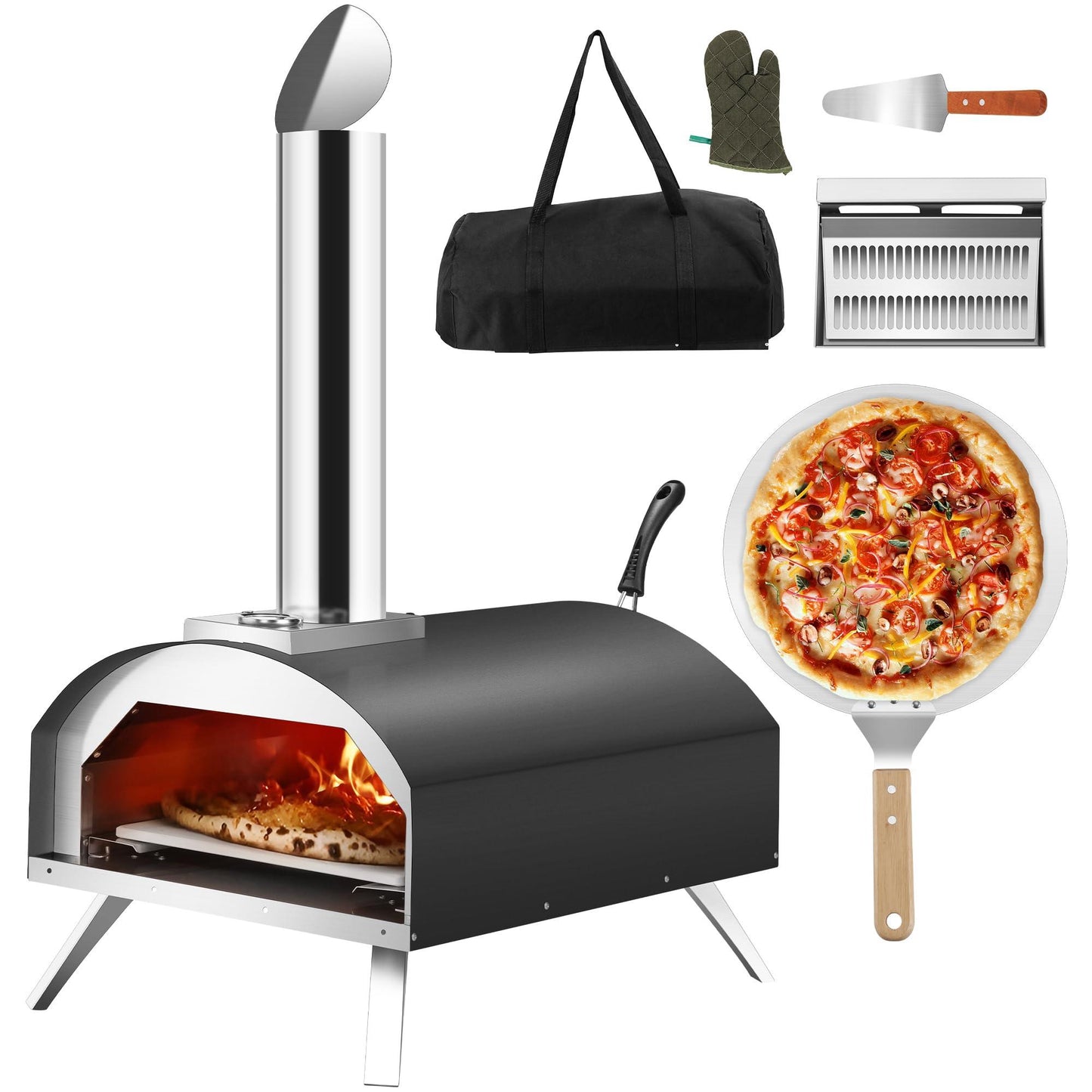 Rengue Outdoor Pizza Oven, 12" Wood Fired Pellet Pizza Ovens Built-in Thermometer, Portable Stainless Steel Cooking Pizza Maker Pizza Oven Countertop for Backyard Outside Camping Picnics - CookCave