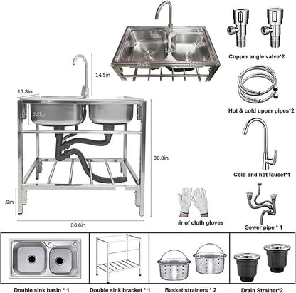 Outdoor Utility Sink Stainless Steel Double Bowl Sink Free Standing Commercial Restaurant Kitchen Sink with Hot and Cold Faucet for Laundry,Garage,Cafe Bar 32.7" x 17.3" x30.3" - CookCave