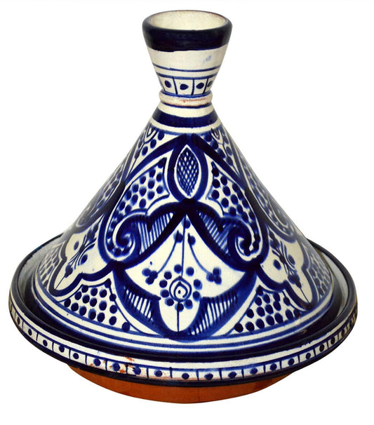Moroccan Handmade Serving Tagine Exquisite Ceramic Vivid colors Original 6 Inches in Diameter White Blue - CookCave