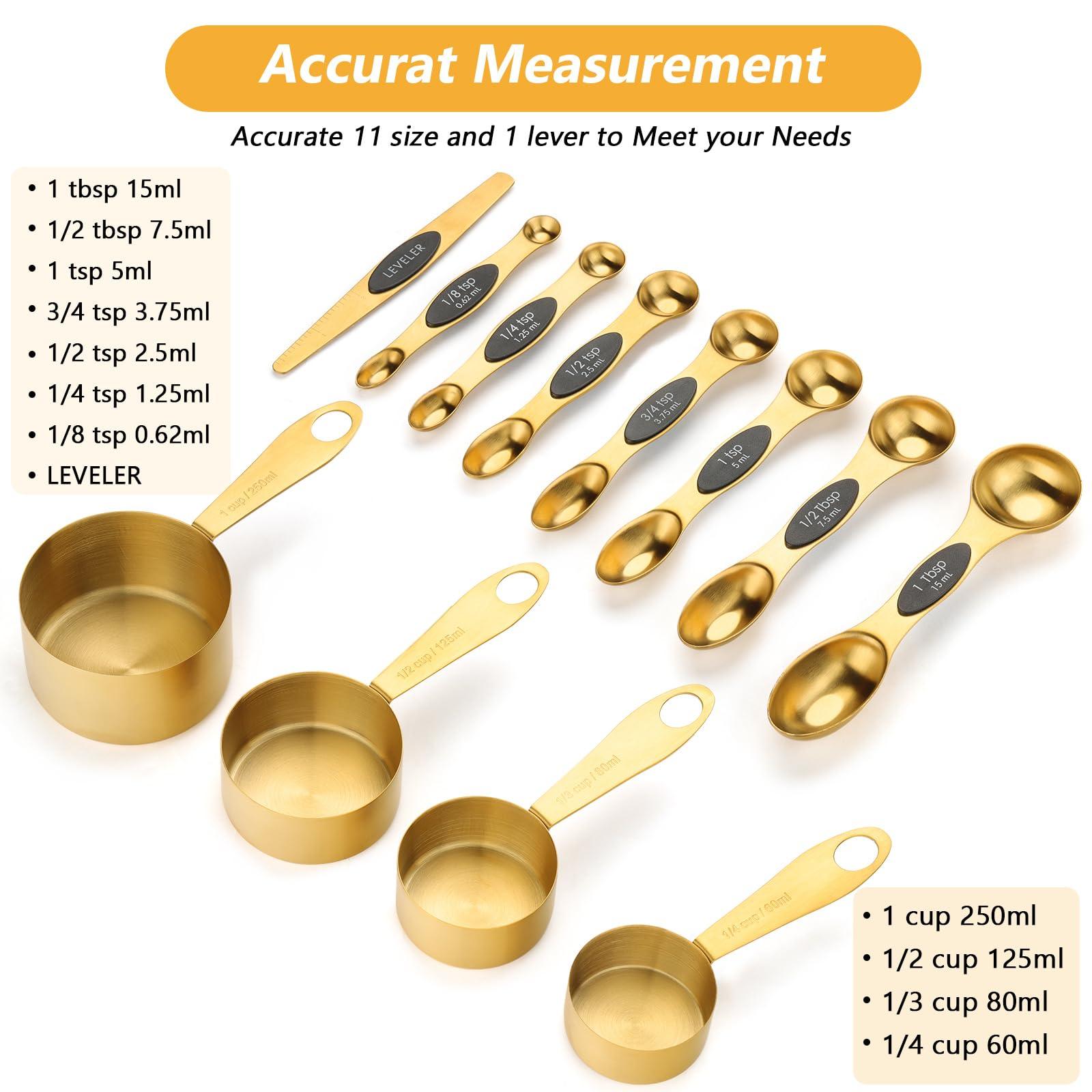 GuDoQi Gold Magnetic Measuring Spoons and Cups Set of 12, 8 Dual Sided Magnetic Measuring Spoons set with Leveler, 4 Measuring Cups, Premium Stainless Steel, Measuring for Liquid and Dry Ingredients - CookCave