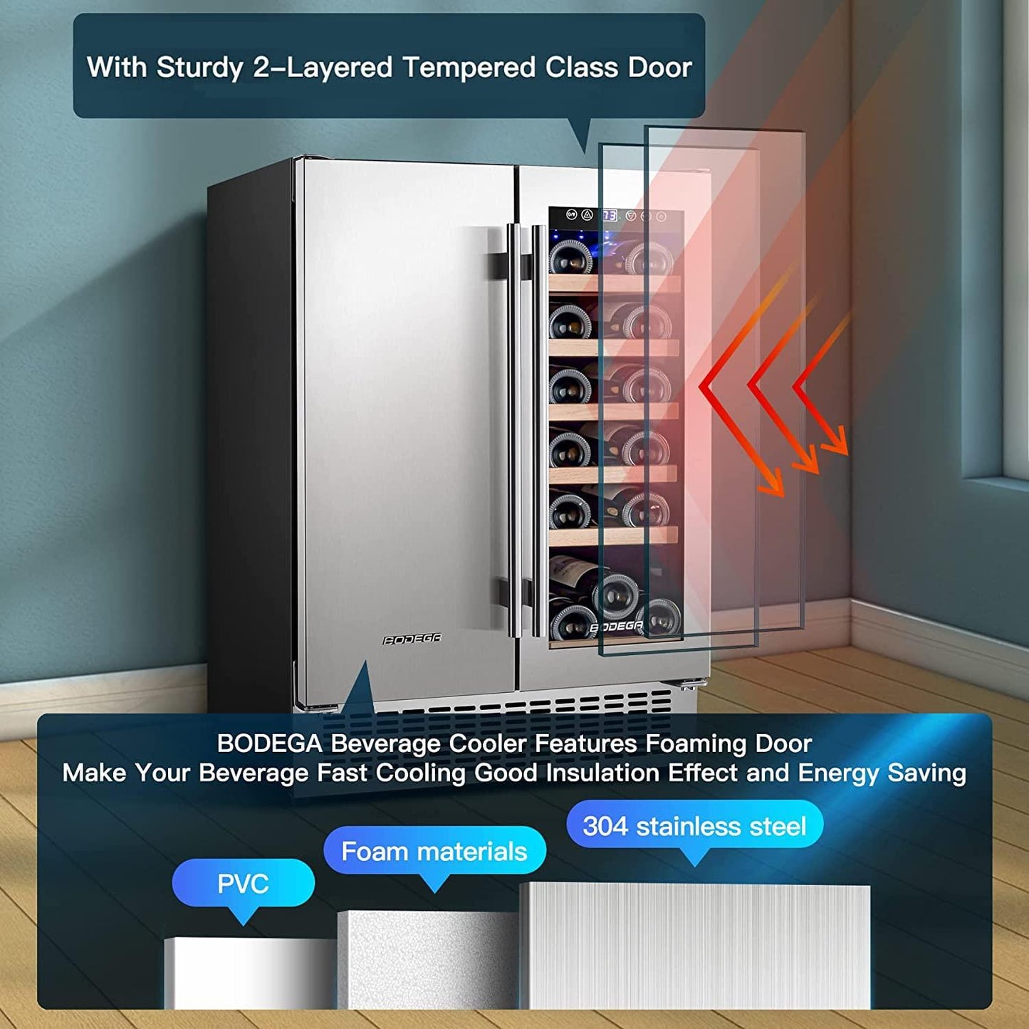 BODEGA 24 Inch Beverage and Wine Cooler, Built-in and Freestanding Wine Beverage Refrigerator Dual Zone, Holds 57 Cans and 18 Bottles, with Independent Temperature Control,Upgraded Compressor Quiet - CookCave