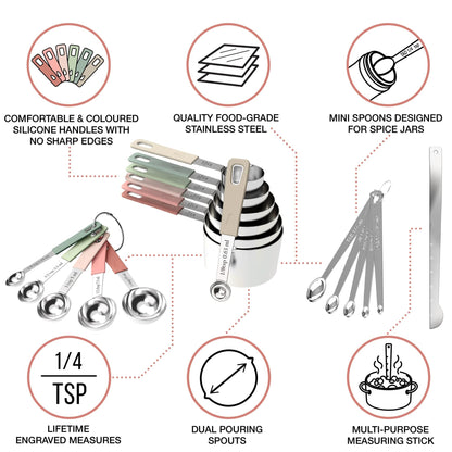 CuttleLab 22-Piece Stainless Steel Measuring Cups and Spoons Set, Tad Dash Pinch Smidgen Drop Mini Measuring Spoons, Measuring Stick Leveler, Measurement Conversion Chart Fridge Magnet, (Country Chic) - CookCave