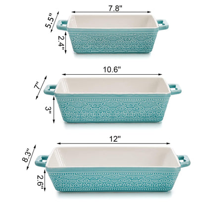 Hacaroa Set of 3 Ceramic Baking Dishes, Rectangular Bakeware with Handles, Elegant Casserole Dish Set Lasagna Pan for Baking, Cooking, Cake Dinner, Banquet, Lake Blue, 3 Sizes - CookCave