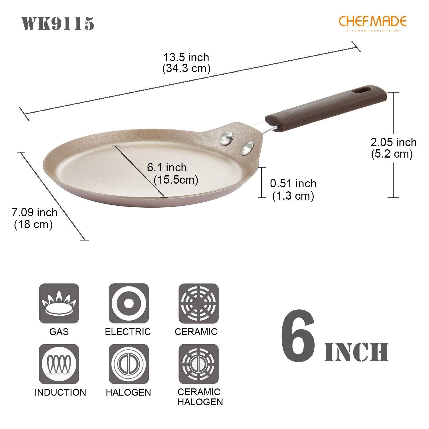 CHEFMADE Mini Crepe Pan with Bamboo Spreader, 6-Inch Non-Stick Pancake Pan with Insulating Silicone Handle for Gas, Induction, Electric Cooker (Champagne Gold) - CookCave