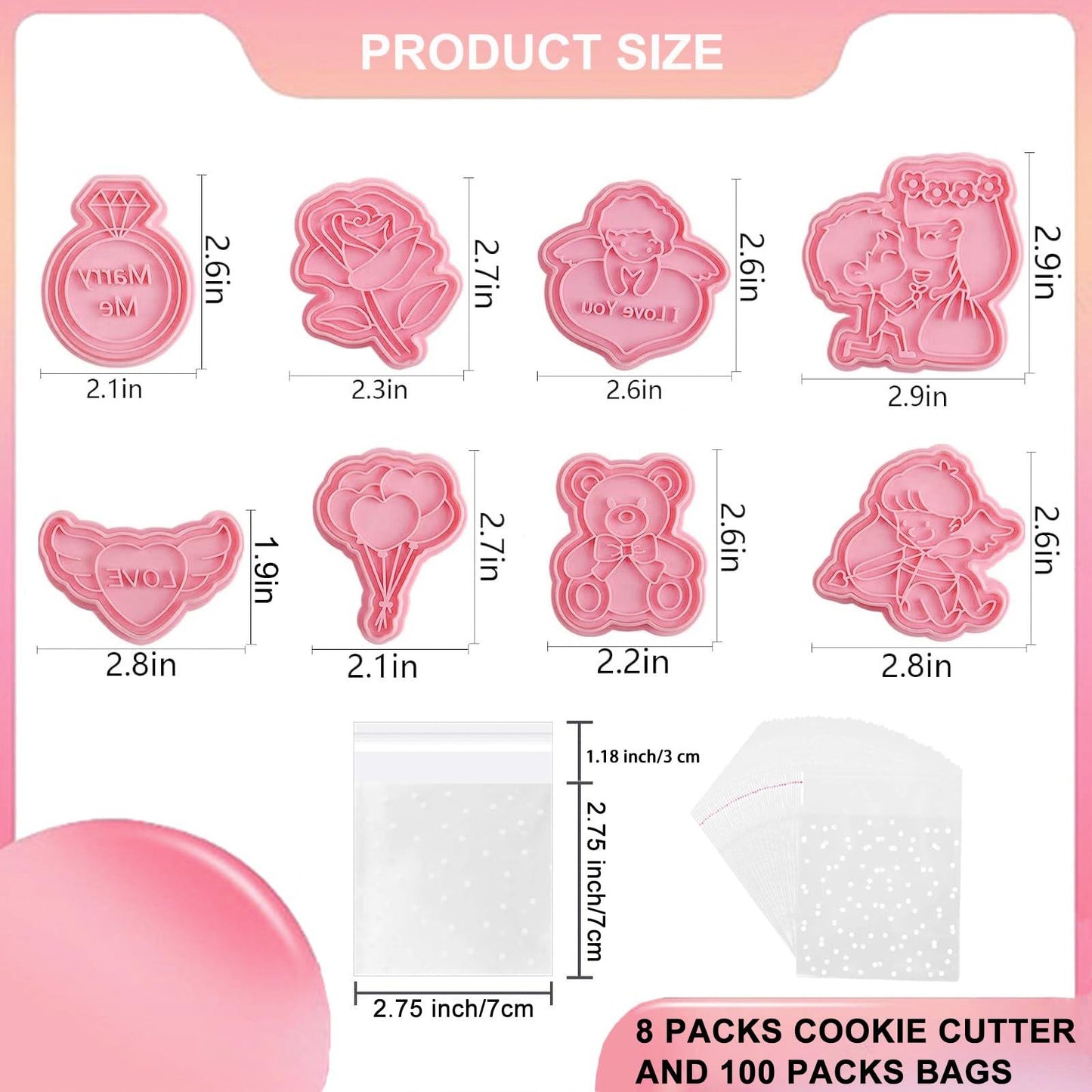 108Pcs Valentine's Day Cookie Cutters, 3D Cookie Stamps & Cookie Treat Bags Set, Plastic Cookie Press Cookie Mould Kitchen Tools for Party DIY Baking Supplies (Wedding A) - CookCave