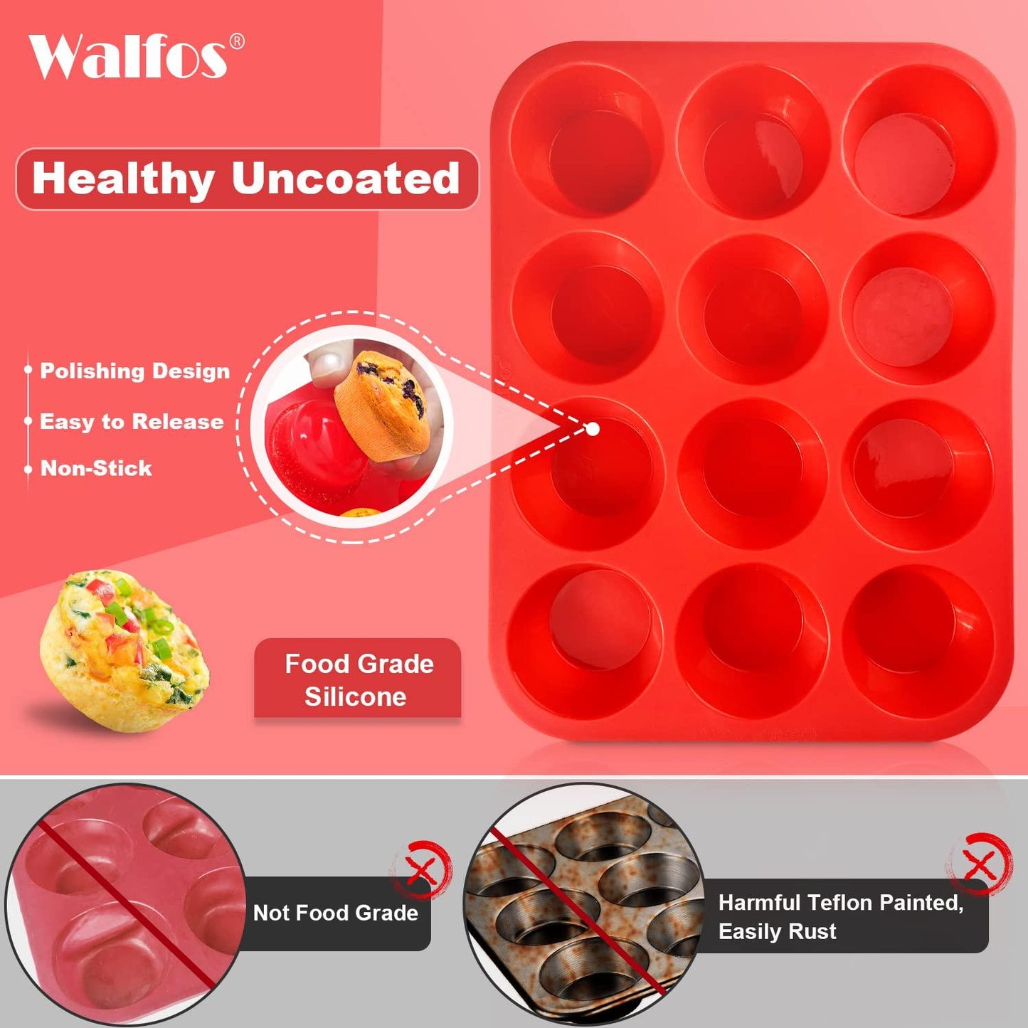 Walfos Silicone Muffin Pan - 12 Cups Regular Silicone Cupcake Pan, Non-stick Silicone Great for Making Muffin Cakes, Tart, Bread - BPA Free and Dishwasher Safe - CookCave