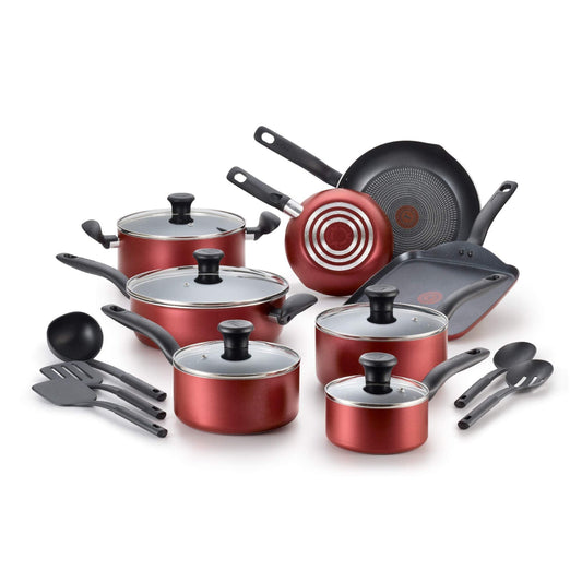 T-fal Initiatives Nonstick Cookware Set 18 Piece Oven Safe 350F Pots and Pans, Dishwasher Safe Red - CookCave