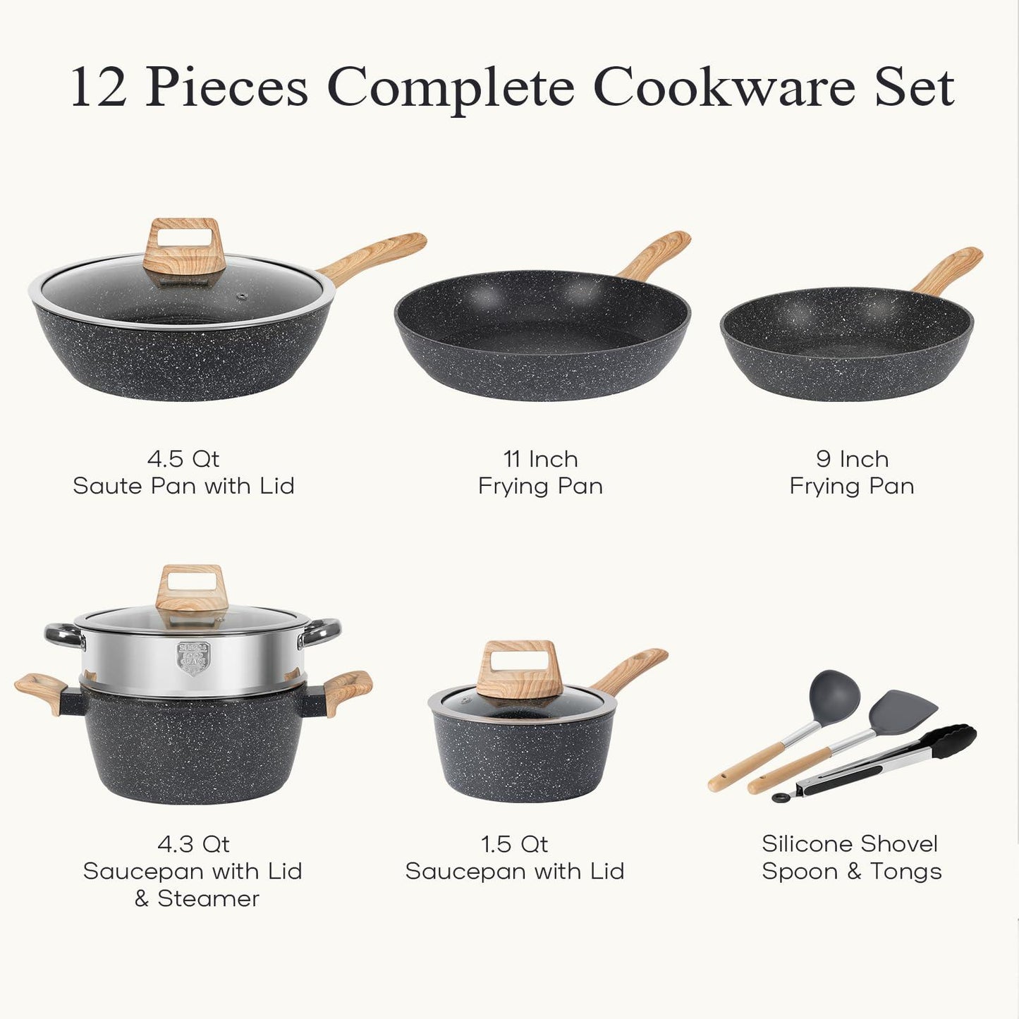 SODAY 12pcs Pots and Pans Set Non Stick Kitchen Cookware Sets Induction Cookware Nonstick Granite Cooking Set with Frying Pans, Saucepans, Steamer Silicone Shovel Spoon & Tongs (Black) - CookCave