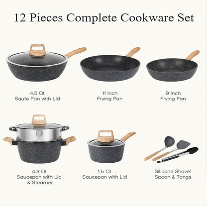 SODAY 12pcs Pots and Pans Set Non Stick Kitchen Cookware Sets Induction Cookware Nonstick Granite Cooking Set with Frying Pans, Saucepans, Steamer Silicone Shovel Spoon & Tongs (Black) - CookCave