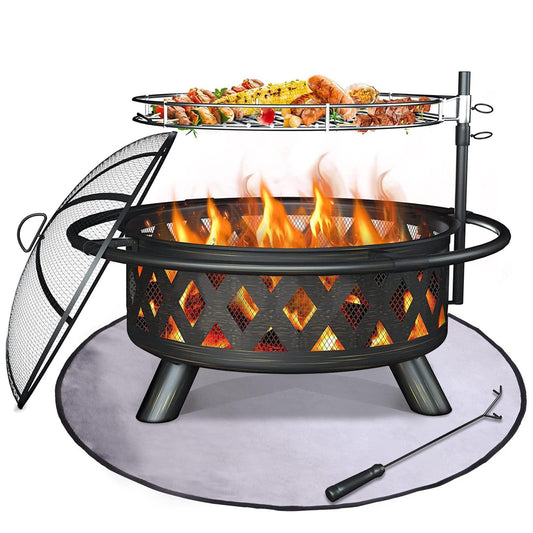 Amopatio Fire Pit with Mat & Cover, 30 Inch Large Outdoor Wood Burning Fire Pits, Patio Backyard Firepit with Steel BBQ Grill Cooking Grate, Spark Screen & Poker for Garden, Bonfire, Camping, Picnic - CookCave