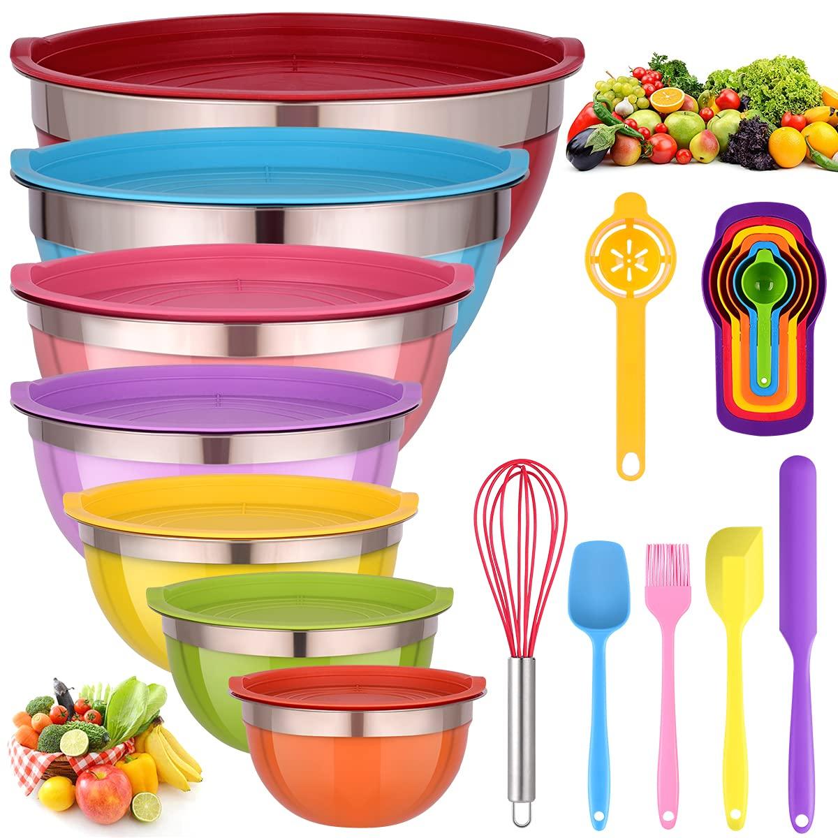 Mixing Bowls with Lids for Kitchen - 26 PCS Stainless Steel Nesting Colorful Mixing Bowls Set for Baking,Mixing,Serving & Prepping,Size 7, 5.5, 5, 4, 3, 2, 1.5QT,12 Cooking Utensils - CookCave