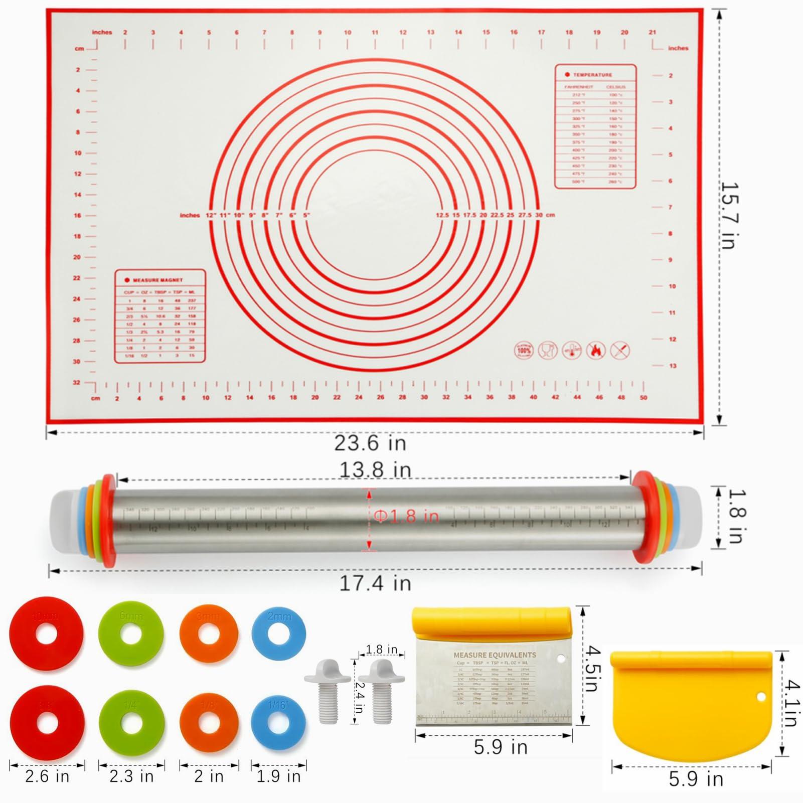 Silicone Rolling Pin Set with Adjustable Thickness Rings, Large Silicone Baking Pastry Mat & Stainless Steel Dough Roller with Rings & Bench Scraper - For Pizza, Cookies, Pie, Pasta, Pastries - CookCave