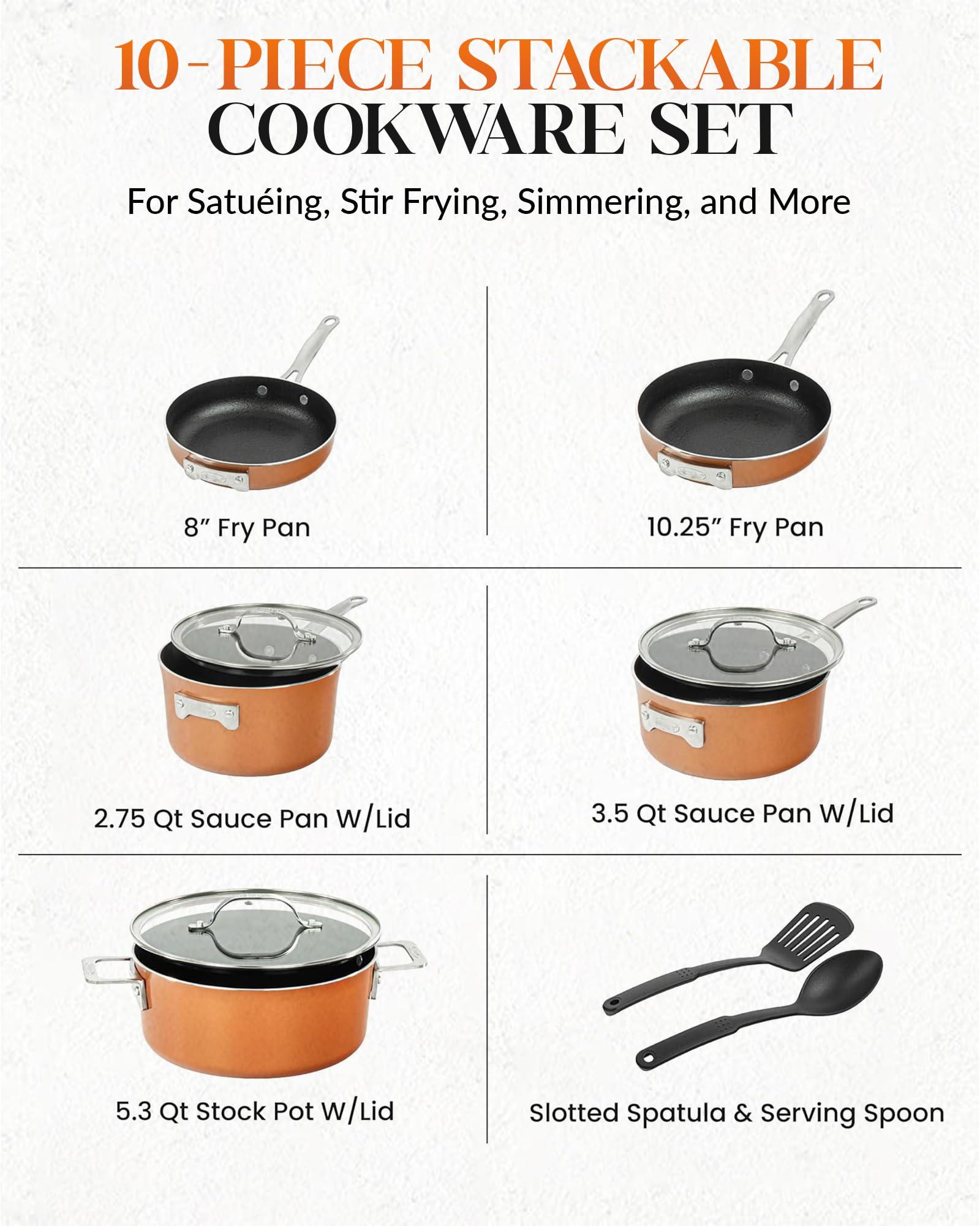 Gotham Steel 10 Piece Stackable Nonstick Pots and Pans Set - Kitchen Cookware with Lids, Induction and Dishwasher Safe - CookCave