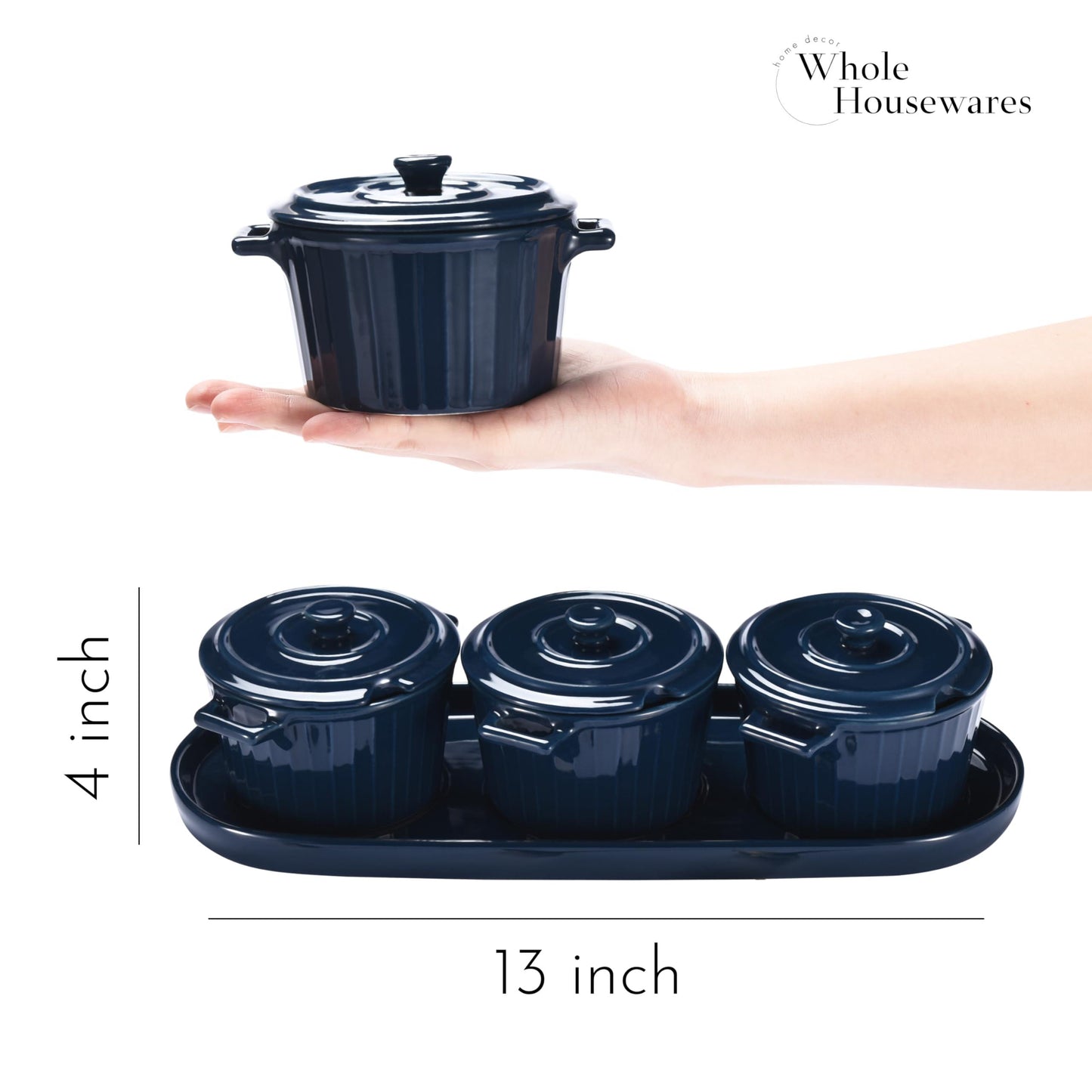 Whole Housewares Mini Cocotte Set with Golden Spoons and Blue Serving Tray - 3 Small Blue Casserole Dishes, 10oz Each with Lids and Handles - Versatile for Baking, Serving, Microwave & Dishwasher Safe - CookCave