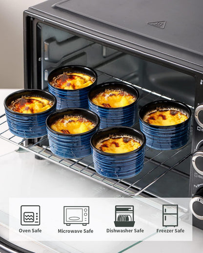 Hasense 6 oz Ramekins for Baking,Ceramic Souffle Dish Oven Safe Set of 6,Porcelain Dipping Sauce Bowls for Pudding, Creme Brulee, Souffle, Serving Dip, Custard, Ice Cream(Blue) - CookCave