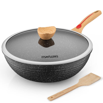 ITSMILLERS Chinese Wok Die-Casting Nonstick Wok Scratch Resistant with Lid and Spatula, PFOA-Free,Dishwasher Safe & Induction Bottom 12.5 Inch,6L - CookCave