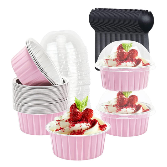 Jumbo Muffin Liners with Lids 50 Pack,Free-Air 5oz Aluminum Foil Cupcake Cups Muffin Tins,Disposable Ramekins Cupcake Baking Pans Cupcake Holders for Custard Mini Pie -Pink - CookCave