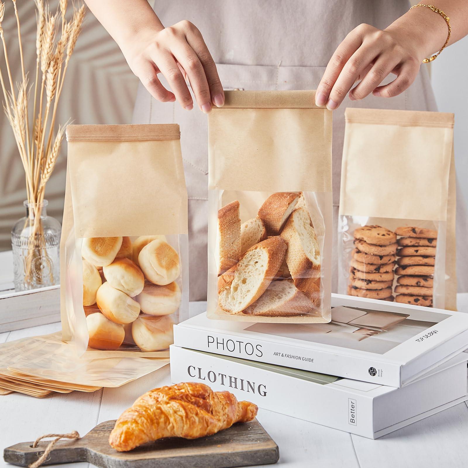 ZORRITA 50 Pack Bakery Bags with Window, 5.1 x 3.9 x 11 Inches Kraft Paper Cookie Bags Tin Tie Tab Lock Treat Bags for Packaging Breads, Pastry, Donuts, Popcorns, Granola and Snacks - CookCave