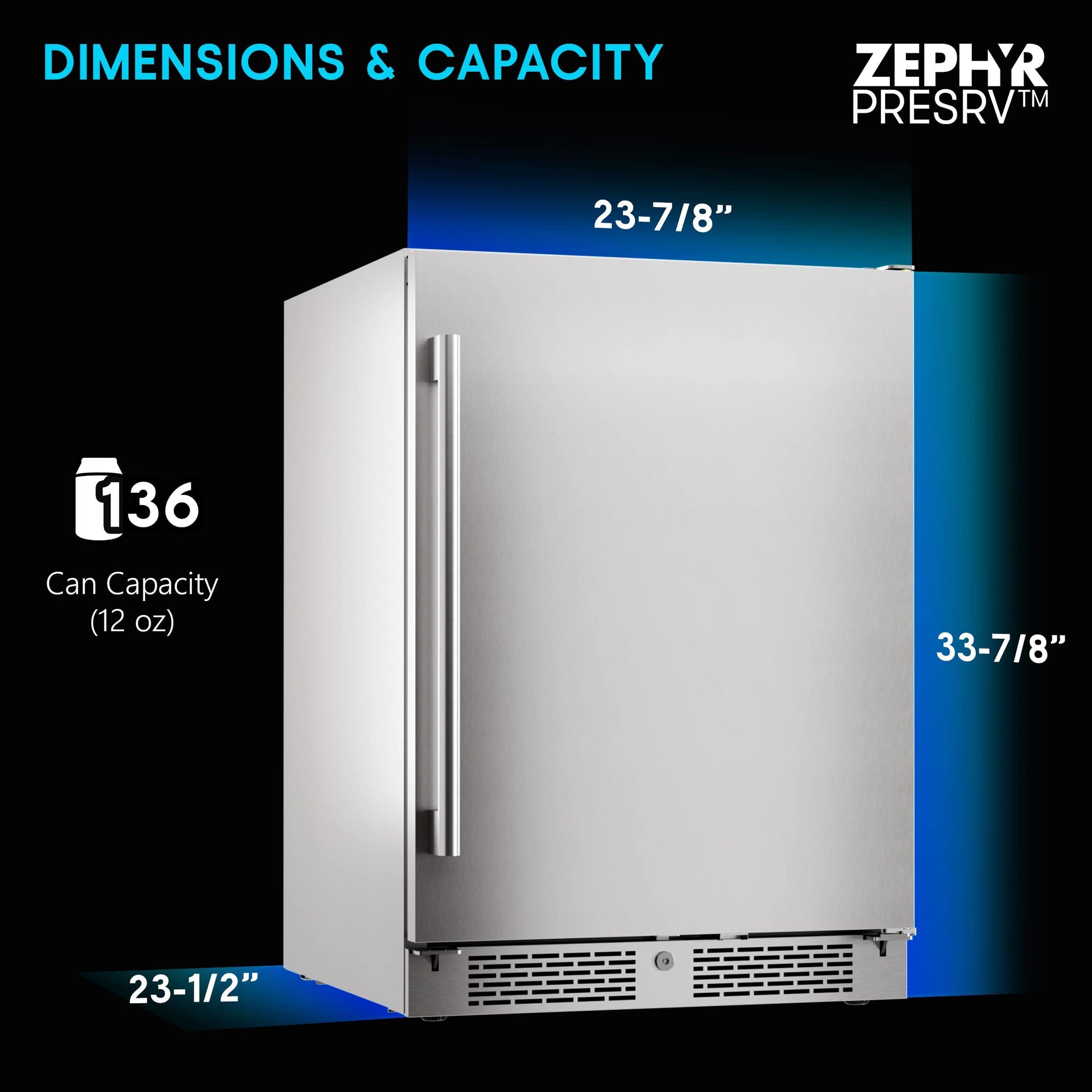 Zephyr Presrv Series 24 Inch Stainless Steel Freestanding or Built In Beverage Center 13 bottles, 84 12 oz cans (Single Zone Beverage Cooler - Outdoor) - CookCave