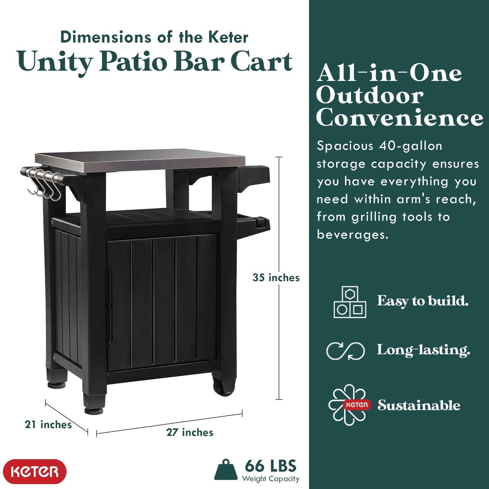 Keter Unity 35.4 Inches x 29.6 Inches x 22.7 Inches Stainless Steel and Resin Outdoor Kitchen Cart with Storage Cabinet and Hooks, Espresso Brown - CookCave