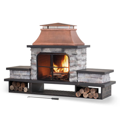 Sunjoy Outdoor Fireplace, Patio Wood Burning Fireplace with Steel Chimney, Mesh Spark Screen Doors, Fire Poker, and Removable Grate, Copper and Black - CookCave