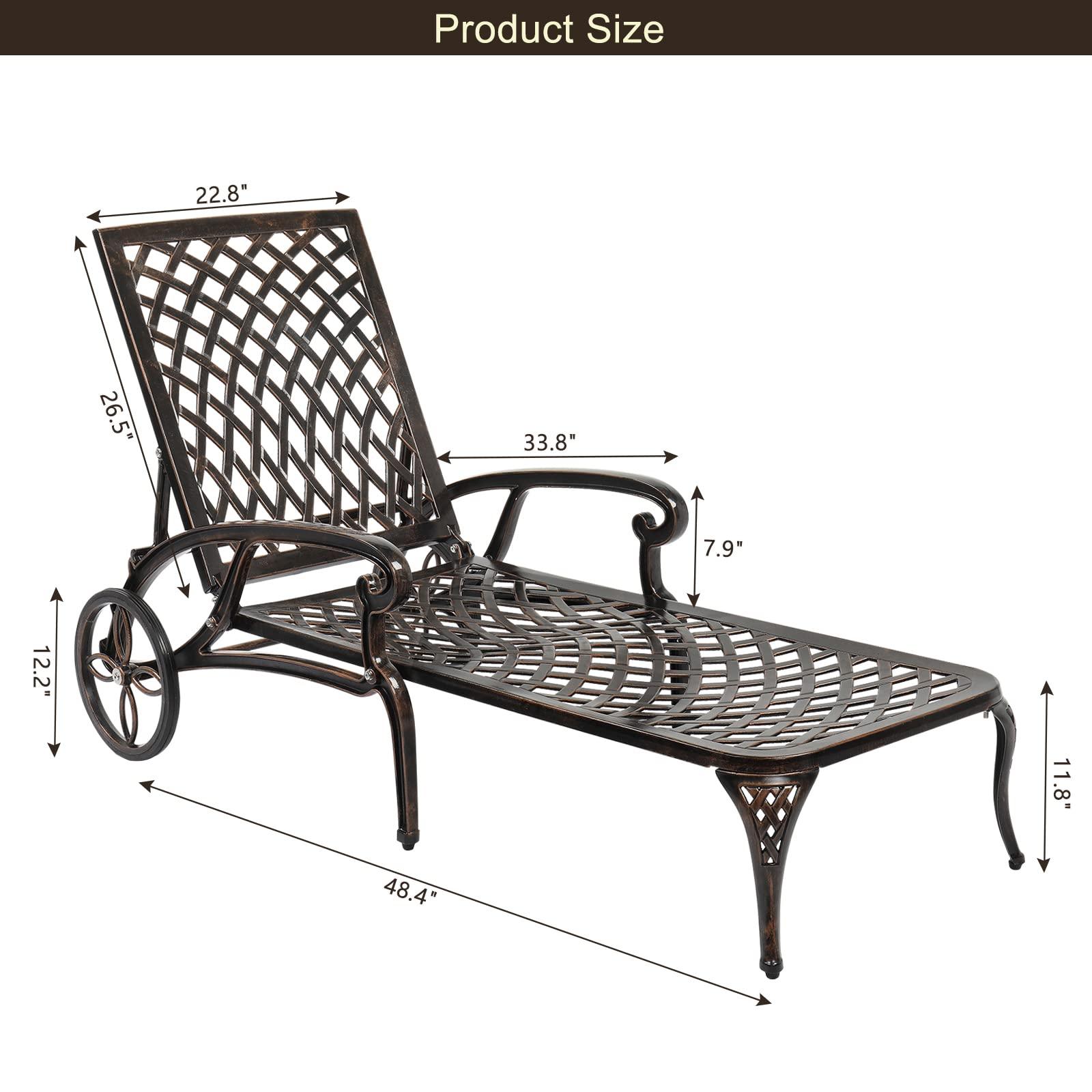 VINGLI Cast Aluminum Outdoor Chaise Lounge Chair with Wheels, Patio Chaise Lounge with 3-Position Adjustable Backrest, Chaise Lounge Outdoor Tanning Chair Patio Lounge Chair (Bronze, Without Cushion) - CookCave