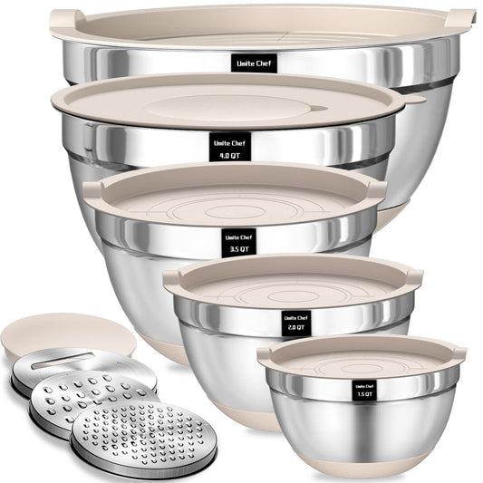 Umite Chef Mixing Bowls with Airtight Lids Set, 8PCS Stainless Steel Khaki Nesting Bowls with Grater Attachments, Kitchen Bowls with Non-Slip Bottoms, Size 5, 4, 3.5, 2, 1.5QT for Mixing & Serving - CookCave