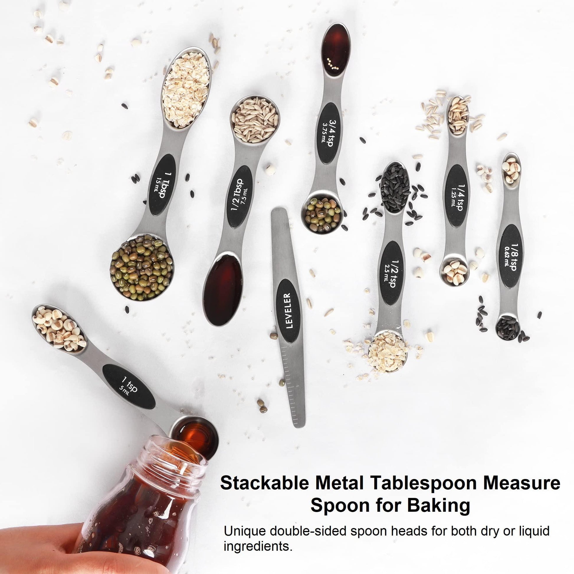 Magnetic Measuring Spoons Set Stainless Steel with Leveler, Stackable Metal Tablespoon Measure Spoon for Baking, Cups and Spoon Set Kitchen Gadgets Apartment Essentials Fits in Spice Jars - CookCave