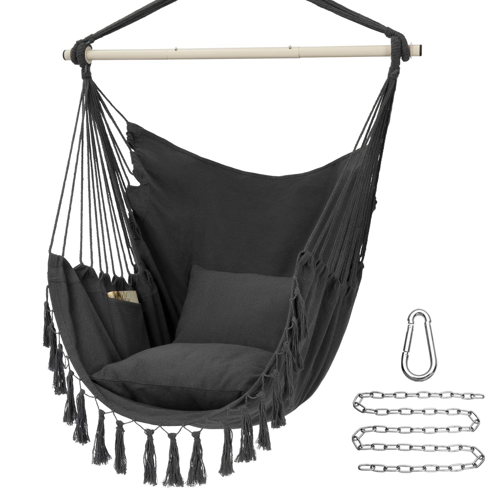 Y- STOP Hammock Chair Hanging Rope Swing, Max 500 Lbs, 2 Cushions Included, Large Macrame Hanging Chair with Pocket, Cotton Weave for Superior Comfort, Durability (Dark Grey) - CookCave