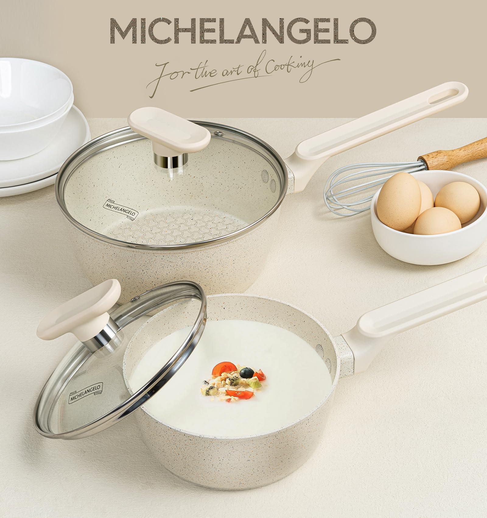 MICHELANGELO Sauce Pan, Nonstick Granite Sauce Pan Set with Lids 1.5 Quart & 2.5 Qaurt, Small Pot Set with Lids, Nonstick Saucepans with Lid, Stone Pot Set - White - CookCave