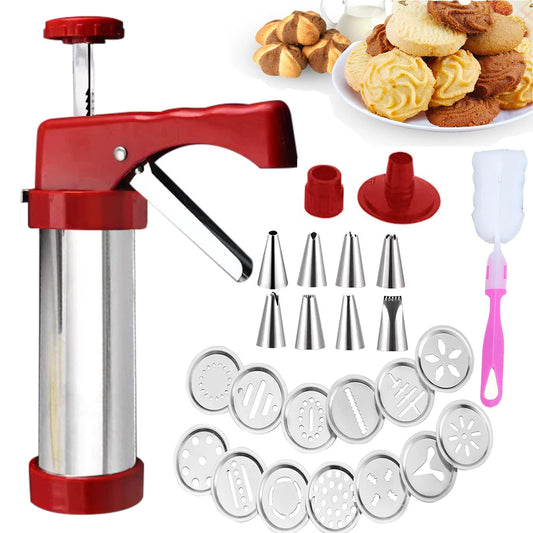 Cookie Press,Classic Stainless Steel Spritz Cookie Press for Baking,Cookie Press Gun,Featuring 13 Decorative Stencil Discs and 8 Icing Tips,Deluxe Cookie Maker - CookCave