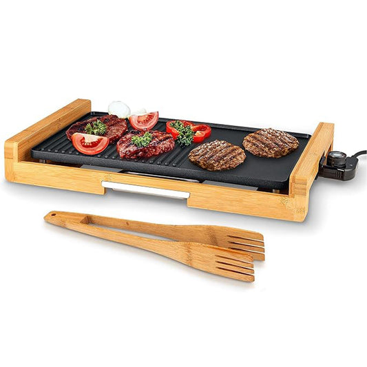 Saenchue Electric Table Grill, Korean BBQ Indoor Electric Grill Griddle, Nonstick Extra Large Plate, Smokeless Electric Contact Grill, Bamboo Base, Temperature Control, PG-08 - CookCave