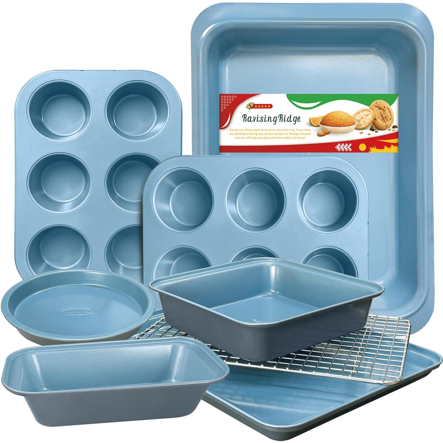 RavisingRidge Baking Pans Set with Nonstick Coating - UltraThick Professional 8-Piece Bi-Color Pans including Cookie Sheet, Muffin, Cake Pans, and Cooling Rack - Heavy Duty, Dishwasher Safe - CookCave