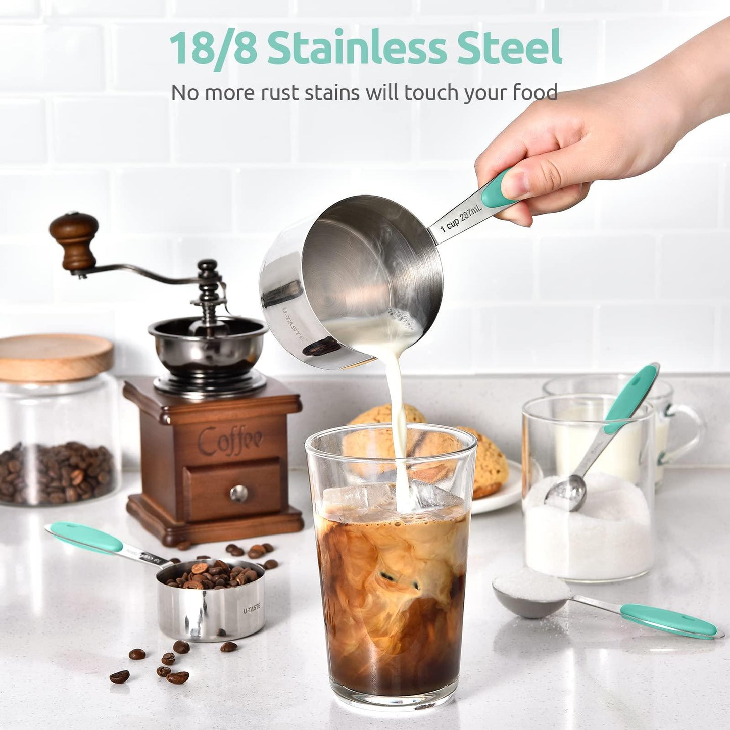 Measuring Cups and Spoons Set: U-Taste 18/8 Stainless Steel 10 Pieces Metal Stacking Kitchen Baking Cooking Food Measure Set 5 Cups 5 Spoons with Strengthened Weld Joints (Aqua Sky, Upgraded Version) - CookCave
