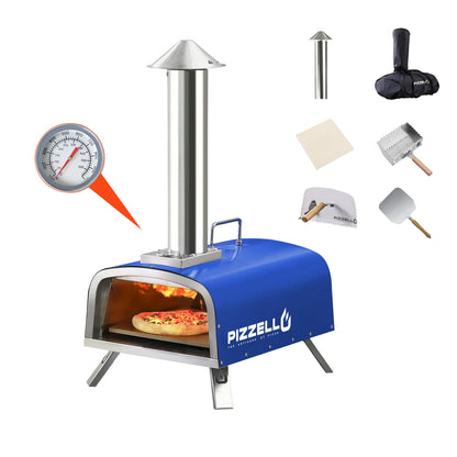 PIZZELLO Portable Pellet Pizza Oven Outdoor Wood Fired Pizza Ovens Included Pizza Stone, Pizza Peel, Fold-up Legs, Cover, Pizzello Forte (Blue) - CookCave