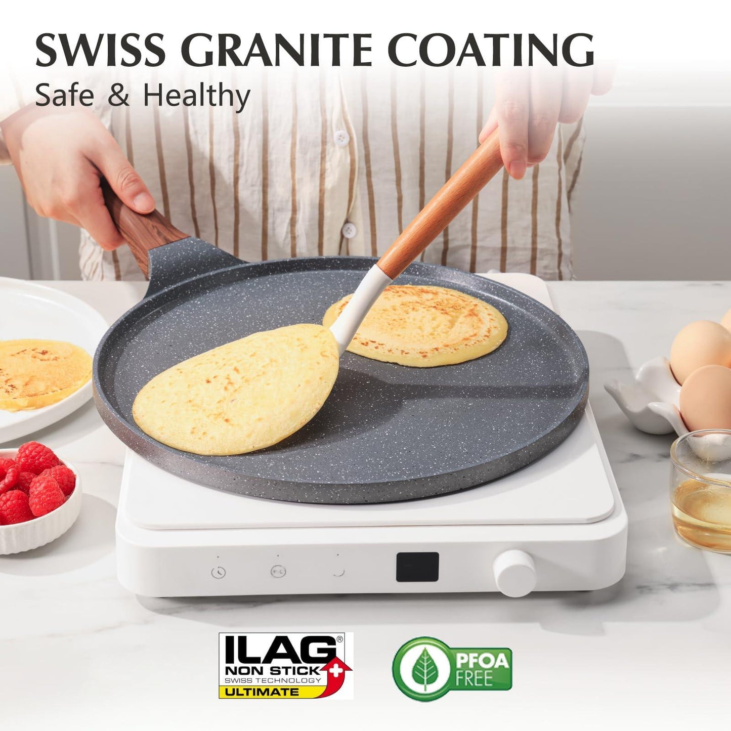 SENSARTE Nonstick Crepe Pan, Swiss Granite Coating Dosa Pan Pancake Flat Skillet Tawa Griddle 12-Inch with Stay-Cool Handle, Induction Compatible, PFOA Free - CookCave