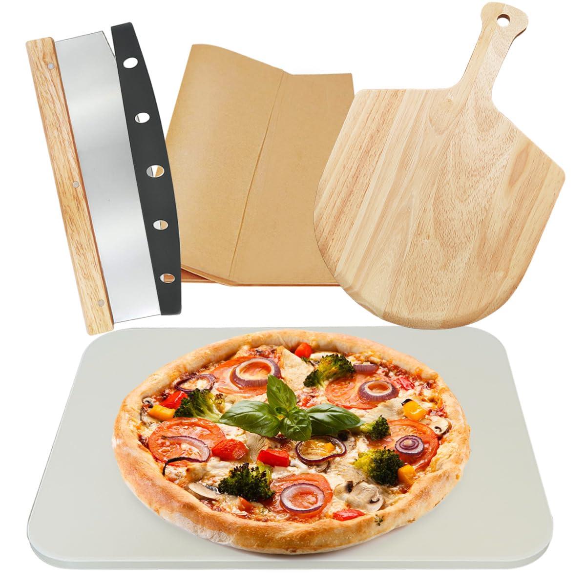 4PCS Large Pizza Stone Set for Oven and Grill, 15" Rectangle Cordierite Stone with Pizza Peel(OAK) & Pizza Cutter & 20pcs Cooking Paper, Baking Stone for Pizza and Bread - CookCave