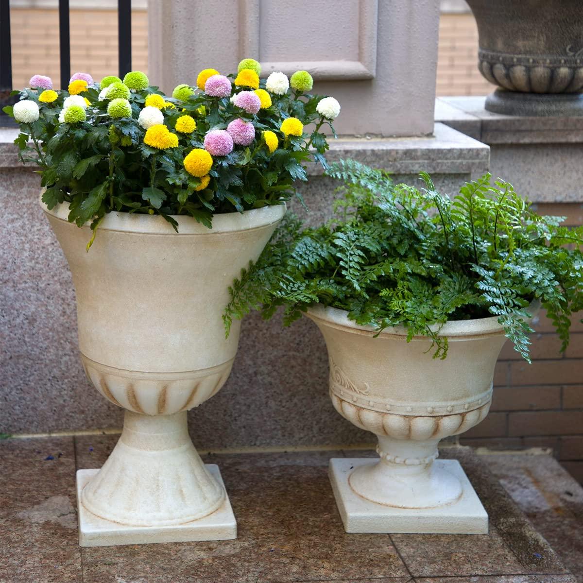 Worth Garden Plastic Urn Planters for Outdoor Plants, Tree 22'' Tall 2 Pack Round Classic Resin Flower Pots Indoor Beige Traditional Front Porch 15 in Dia. Large Imitation Stone Decorative Patio Deck - CookCave