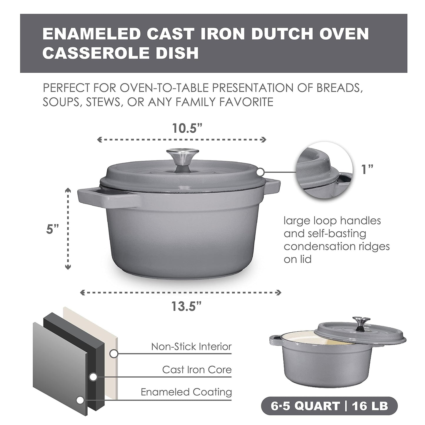 Bruntmor Pre-Seasoned 6.5 qt Enameled Cast Iron Round Dutch Oven, 6.5 Quart Dutch Oven Pot With Lid And Handle, Heavy Duty Casserole Dish, Hand Wash Only, Grey - CookCave