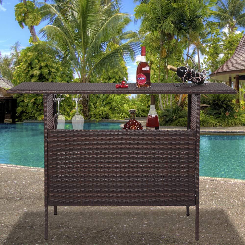 VINGLI Wicker Outdoor Bar Table with 2 Steel Shelves, Sets of Rails, Rattan Patio Storage for Backyard, Poolside, Garden - CookCave