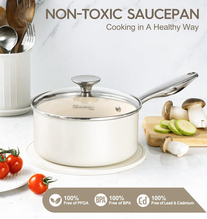 MICHELANGELO Sauce Pan Sets, Ceramic Saucepans with Lid, 1Qt & 2Qt & 3Qt Small Pots for Cooking, Nonstick Saucepan Set with Stainless Steel Handle, Oven Safe, White - CookCave