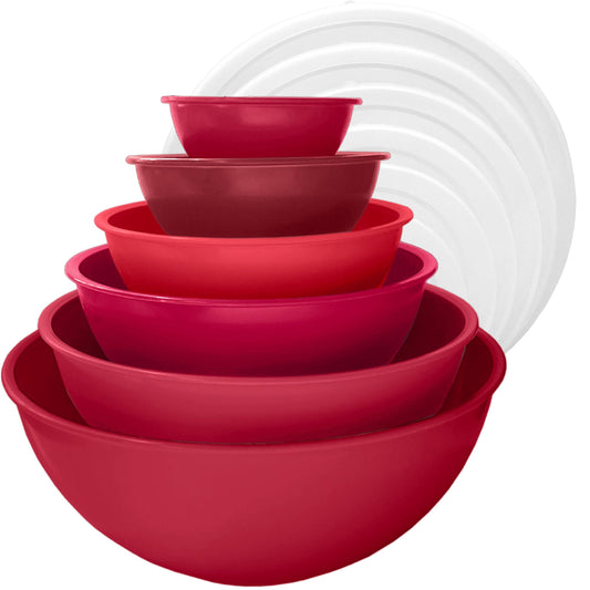 edge Plastic Mixing Bowls 12 Piece Nesting Set 6 Prep Bowls and 6 Lids, for Baking, Cooking and Storing, Tonal Red - CookCave