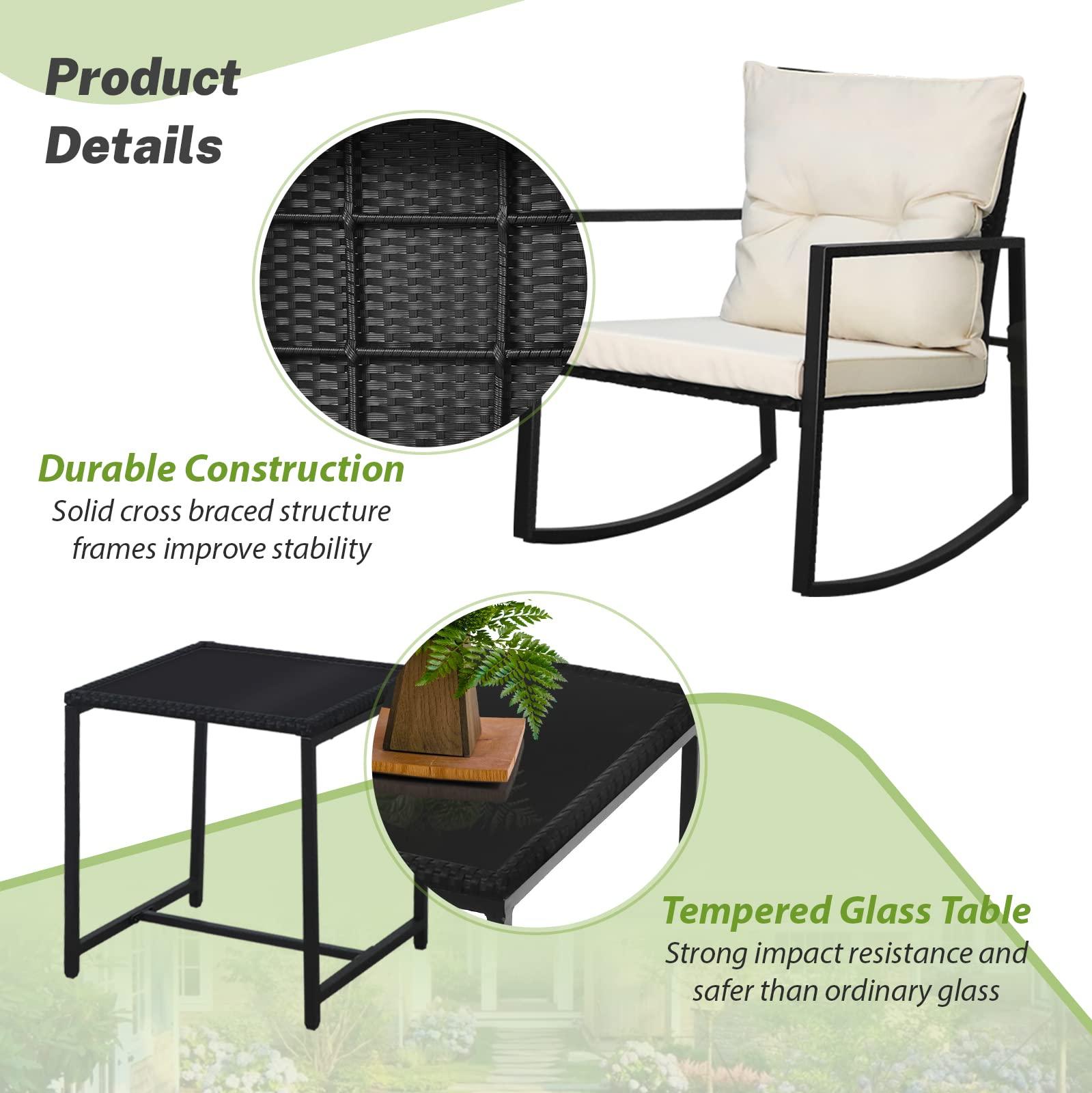 SUNCROWN 3 Piece Outdoor Rocking Bistro Set Black Wicker Furniture Porch Chairs Conversation Sets with Glass Coffee Table, Beige - CookCave