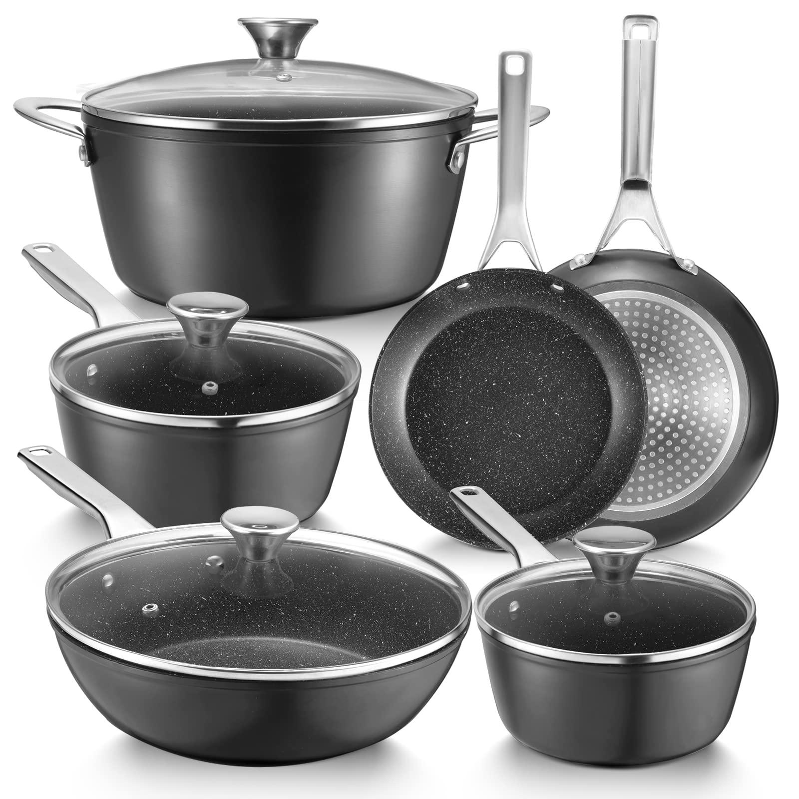 Induction Cookware Set, Fadware Pots and Pans Set Nonstick, Dishwasher Safe Pan Sets for Cooking, Utensils Set w/Frying Pans, Saucepans & Stockpot, Kitchen Essentials for New Home, Black - CookCave