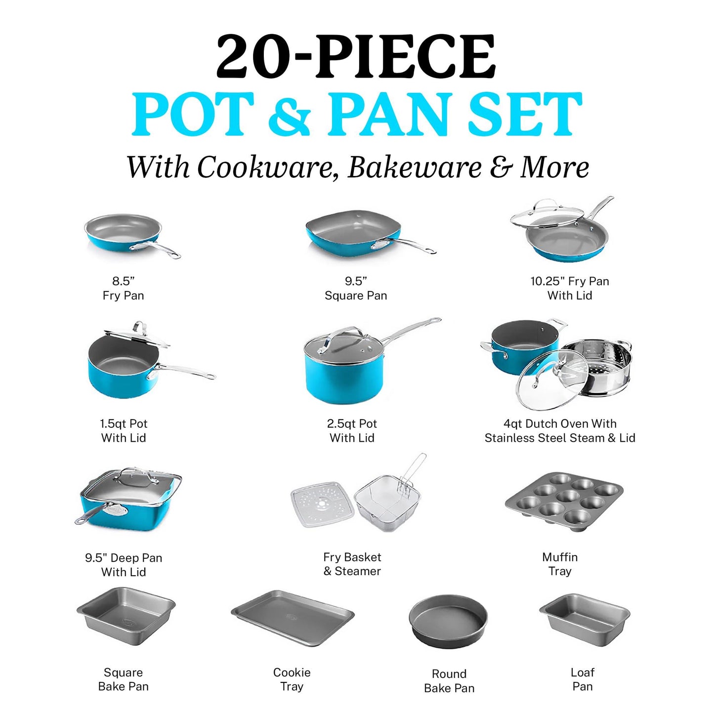 Gotham Steel 20 Piece Pots and Pans Set Nonstick Cookware Set, Pot and Pan Set, Kitchen Cookware Sets, Ceramic Cookware Set, Ceramic Pots and Pans Set, Pot Set, Dishwasher Safe, Aqua Blue - CookCave
